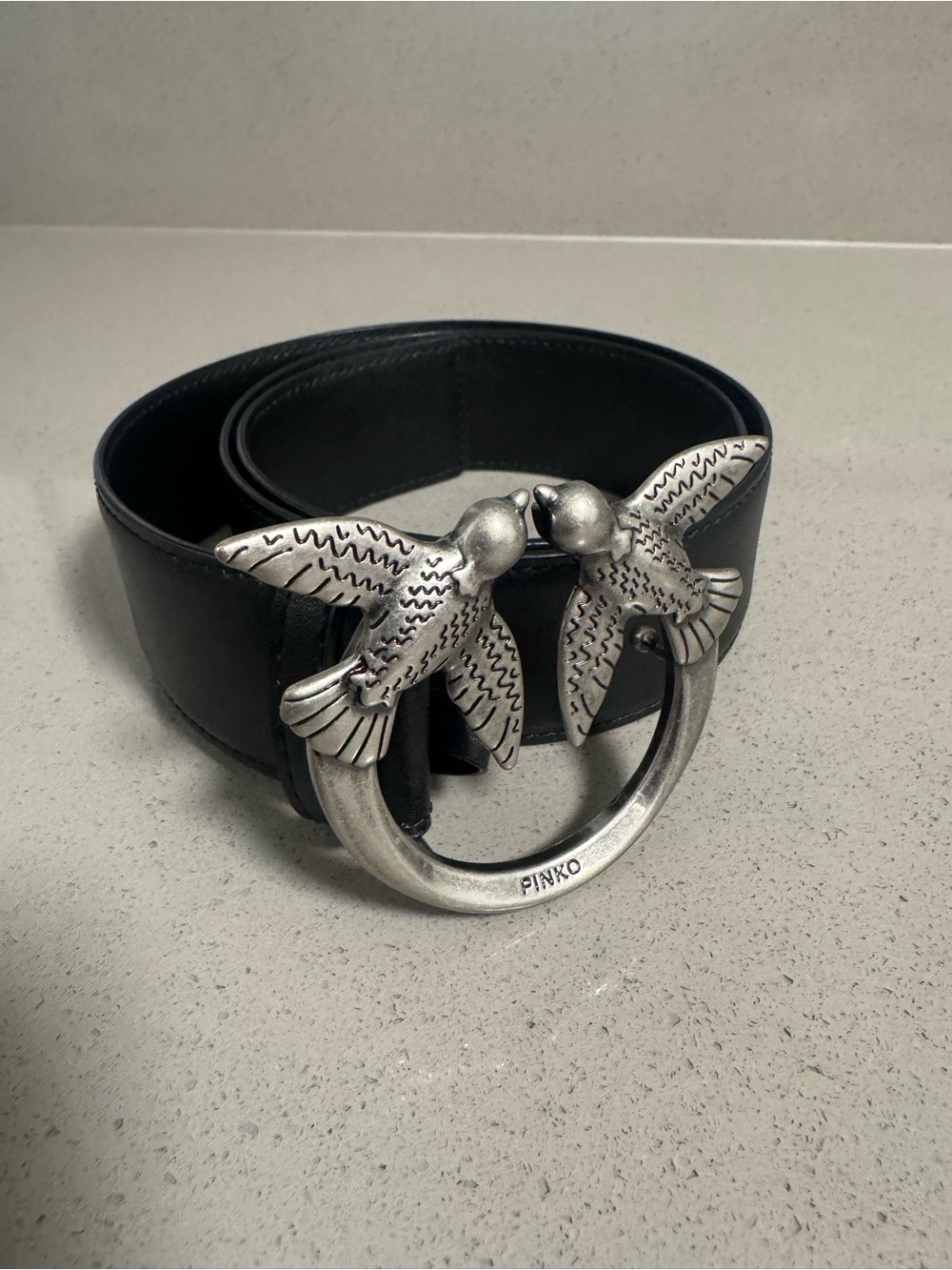 Pinko Black Leather Belt with Silver Double-Bird Ring Buckle